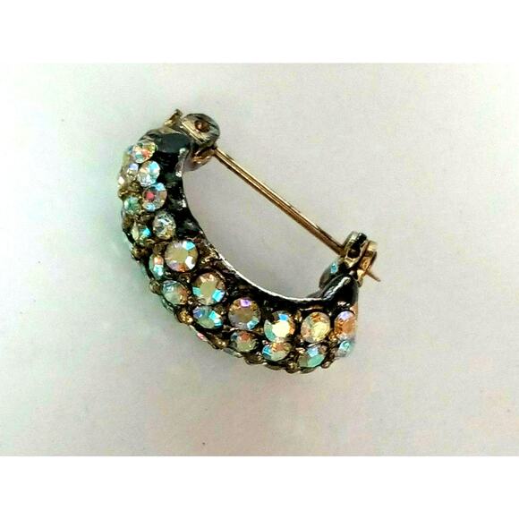 Vintage Crescent Moon Brooch Aurora Borealis Rhinestones Gold Tone VTG - Picture 9 of 14